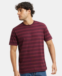 Super Combed Cotton Rich Striped Round Neck Half Sleeve T-Shirt - Mauve Wine & Burgundy & Navy-5