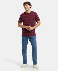 Super Combed Cotton Rich Striped Round Neck Half Sleeve T-Shirt - Mauve Wine & Burgundy & Navy-6