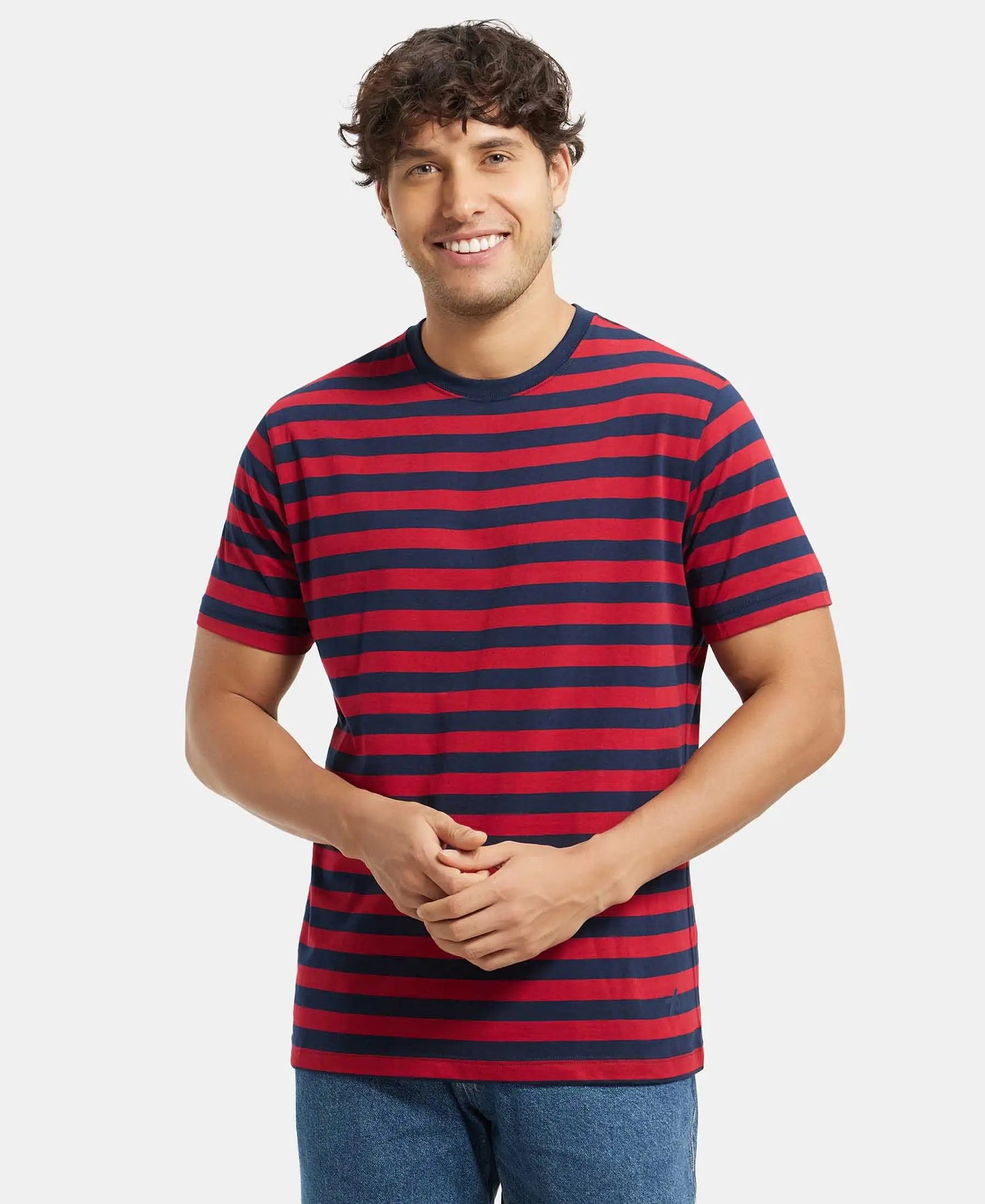 Super Combed Cotton Rich Striped Round Neck Half Sleeve T-Shirt - Navy & Shanghai Red-1