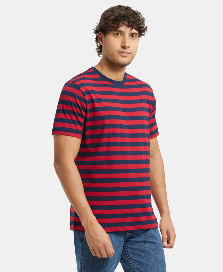 Super Combed Cotton Rich Striped Round Neck Half Sleeve T-Shirt - Navy & Shanghai Red-2