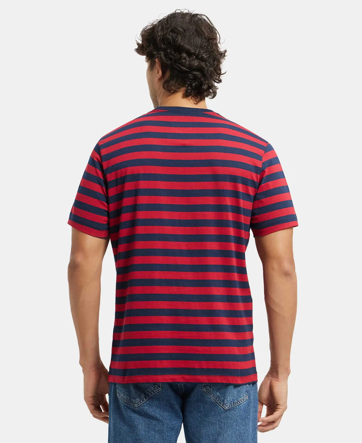 Super Combed Cotton Rich Striped Round Neck Half Sleeve T-Shirt - Navy & Shanghai Red-3