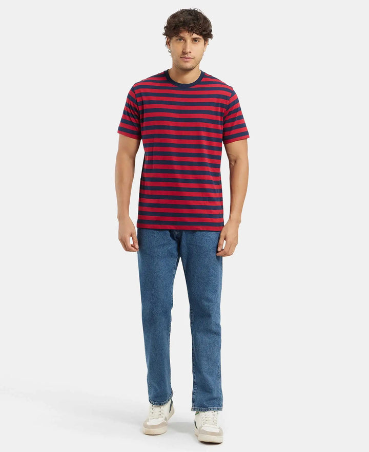 Super Combed Cotton Rich Striped Round Neck Half Sleeve T-Shirt - Navy & Shanghai Red-4