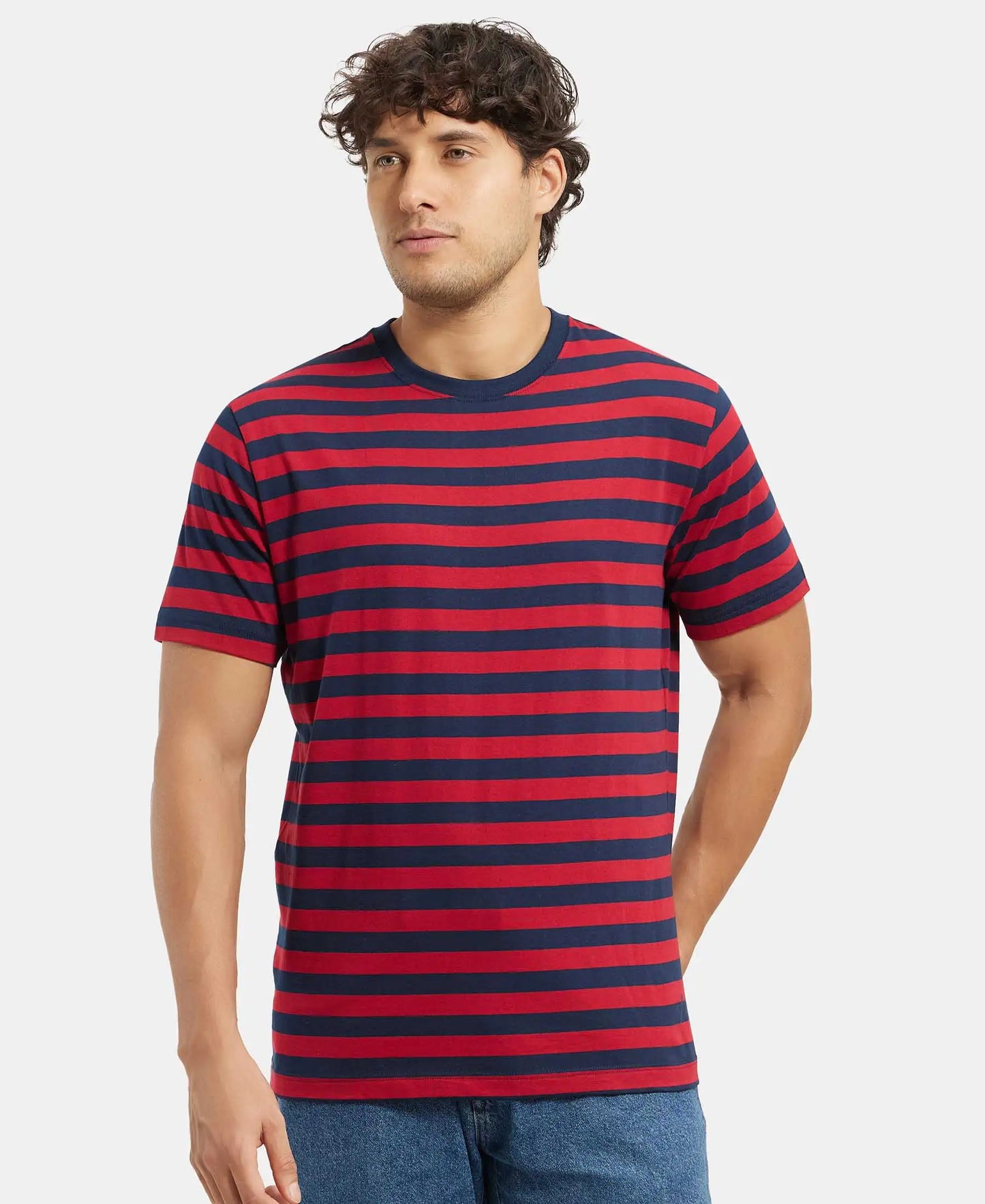 Super Combed Cotton Rich Striped Round Neck Half Sleeve T-Shirt - Navy & Shanghai Red-5