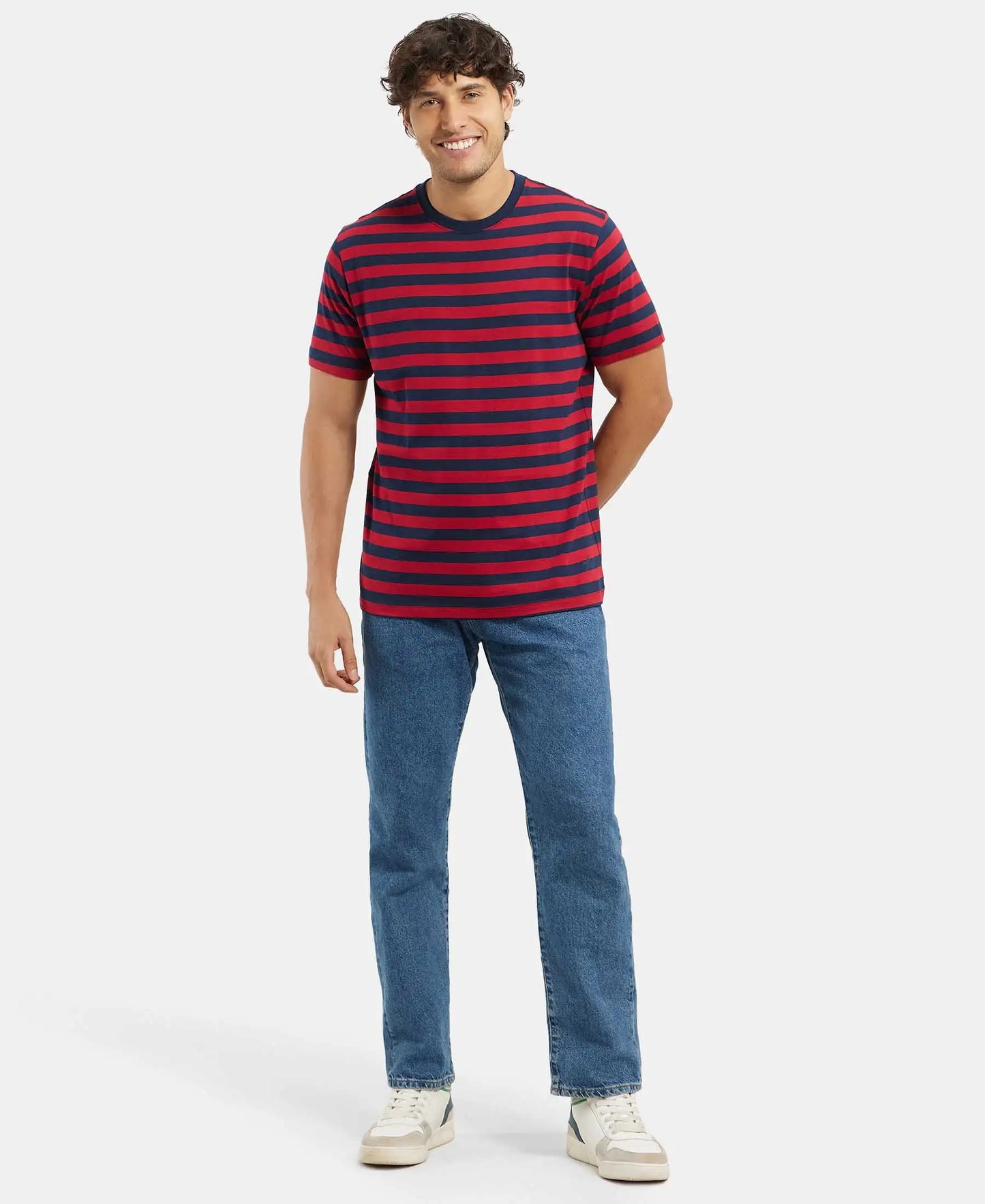 Super Combed Cotton Rich Striped Round Neck Half Sleeve T-Shirt - Navy & Shanghai Red-6