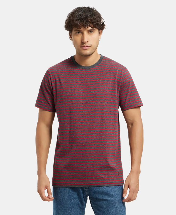 Super Combed Cotton Rich Striped Round Neck Half Sleeve T-Shirt - True Black & Shanghai Red-1