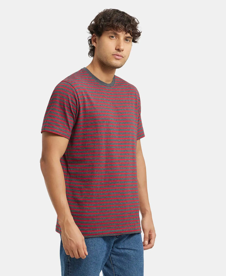 Super Combed Cotton Rich Striped Round Neck Half Sleeve T-Shirt - True Black & Shanghai Red-2