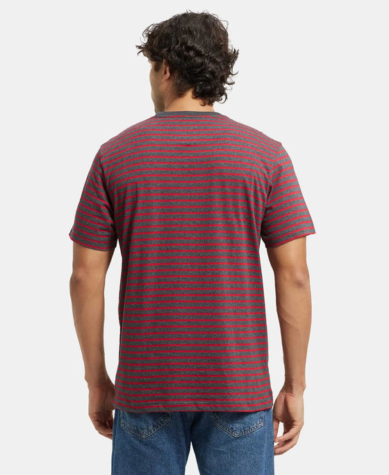 Super Combed Cotton Rich Striped Round Neck Half Sleeve T-Shirt - True Black & Shanghai Red-3