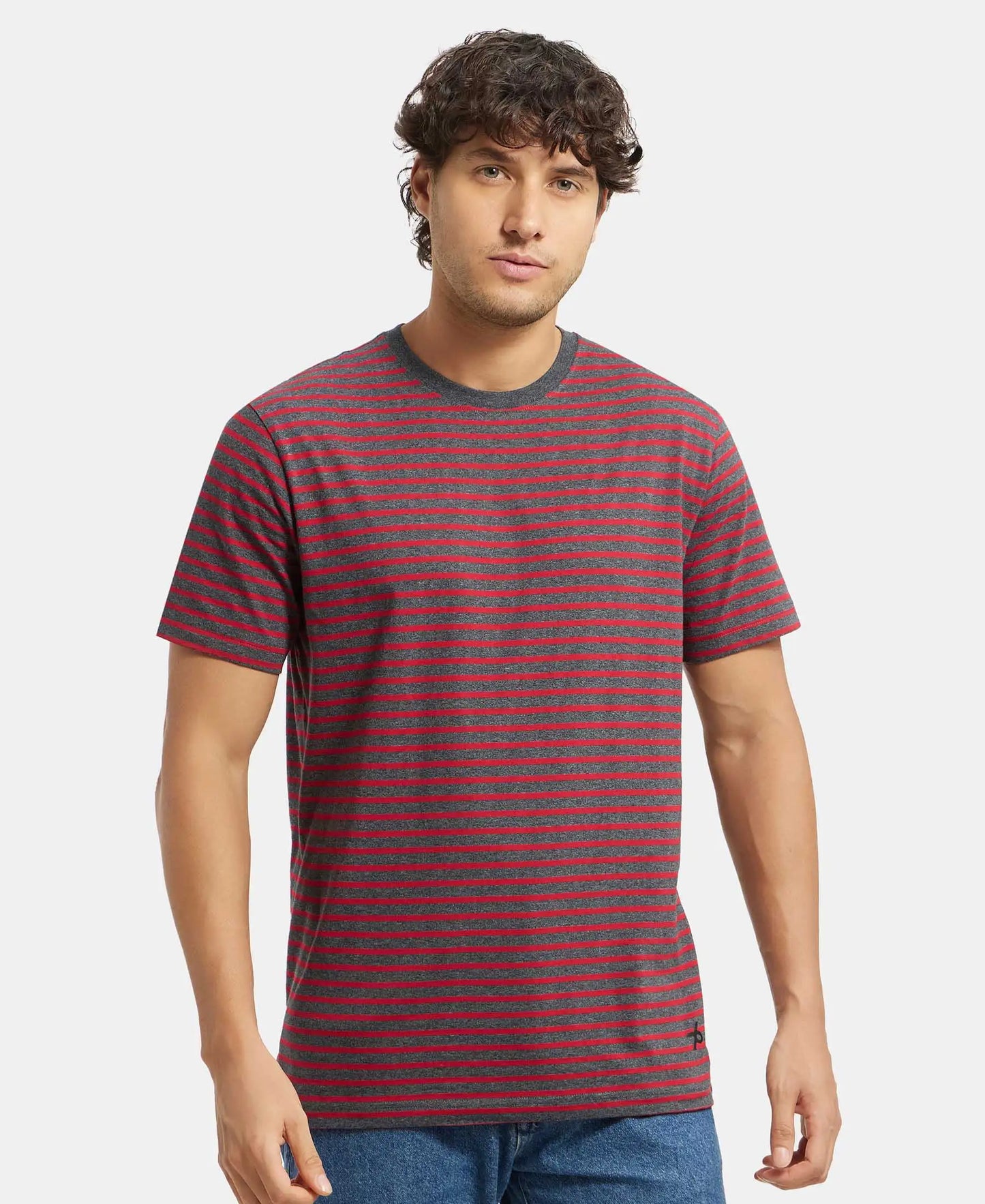 Super Combed Cotton Rich Striped Round Neck Half Sleeve T-Shirt - True Black & Shanghai Red-5