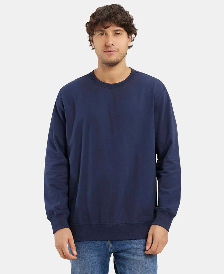 Super Combed Cotton French Terry Solid Sweatshirt with Ribbed Cuffs - Navy-1