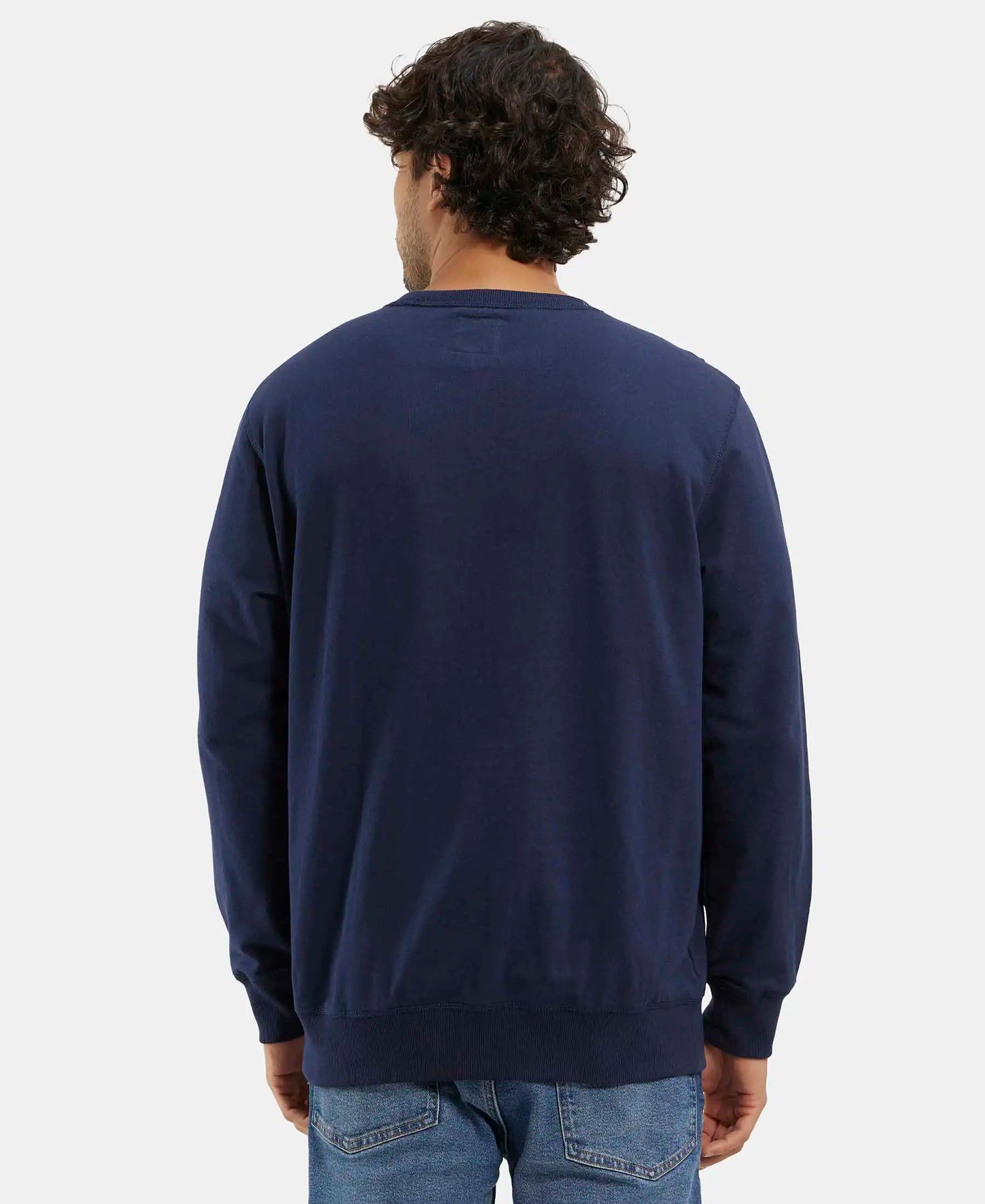 Super Combed Cotton French Terry Solid Sweatshirt with Ribbed Cuffs - Navy-3