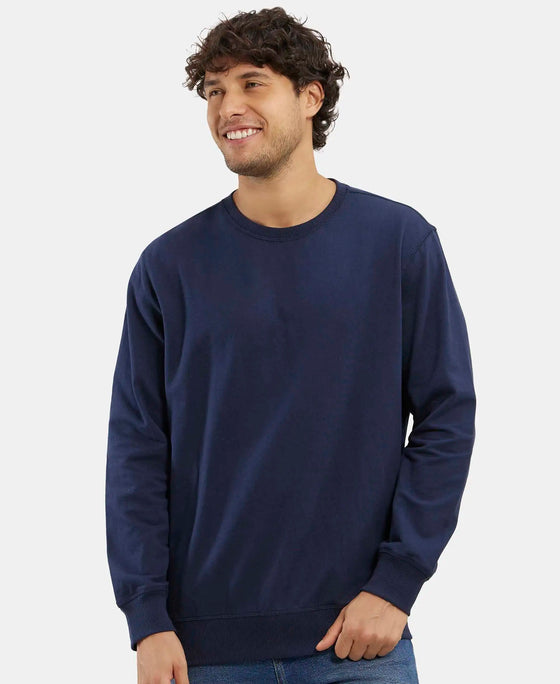 Super Combed Cotton French Terry Solid Sweatshirt with Ribbed Cuffs - Navy-5