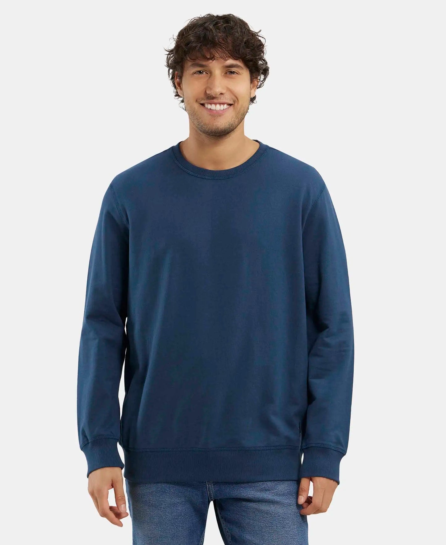 Super Combed Cotton French Terry Solid Sweatshirt with Ribbed Cuffs - Petrol-1