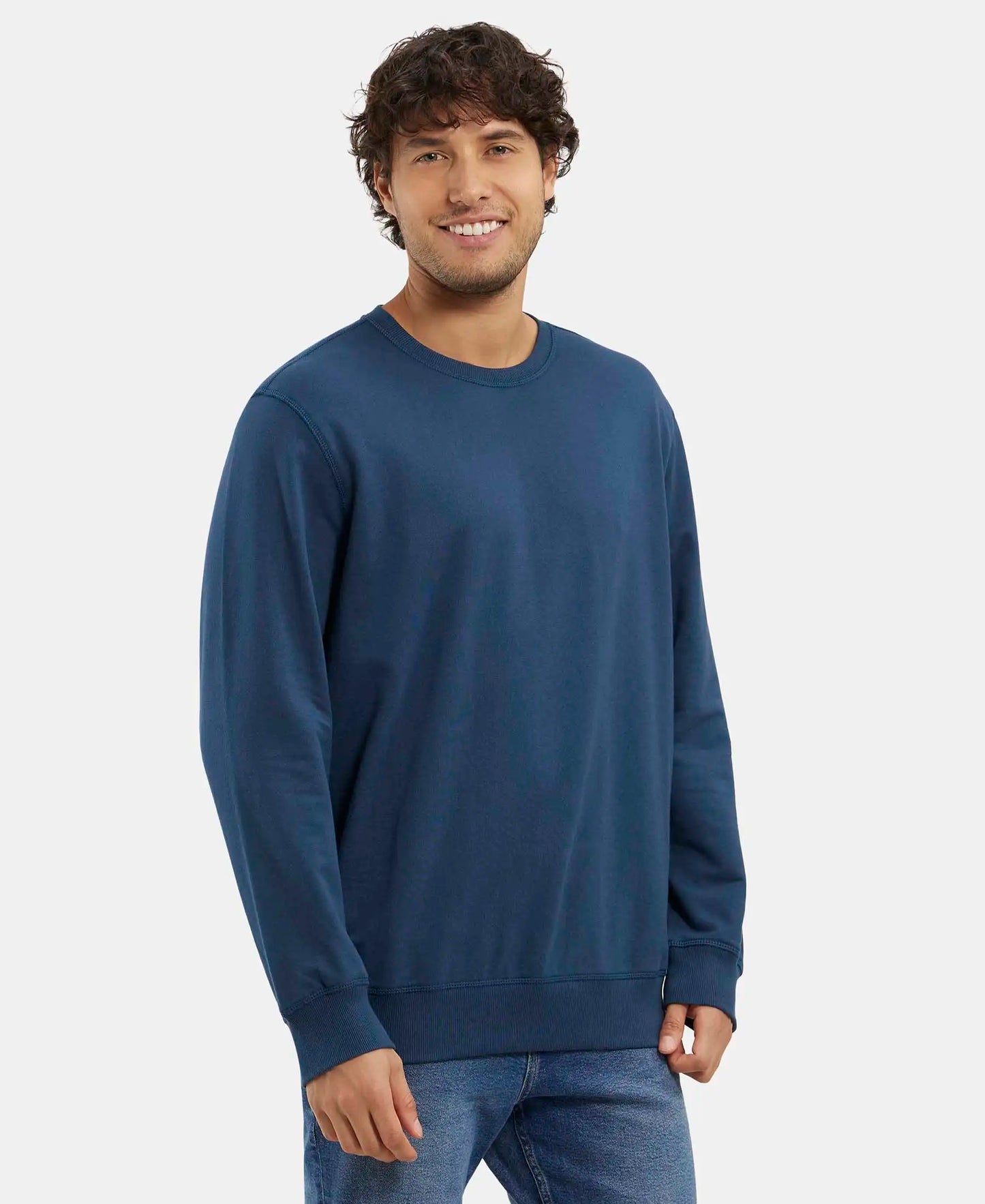 Super Combed Cotton French Terry Solid Sweatshirt with Ribbed Cuffs - Petrol-2