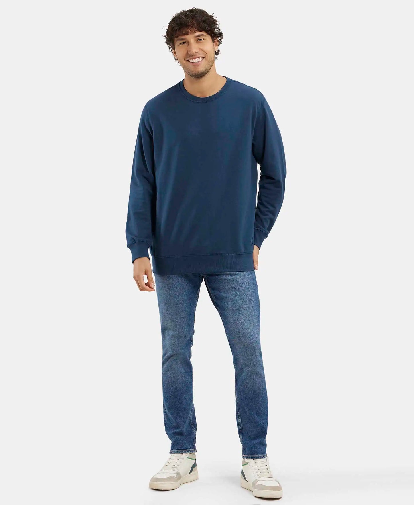 Super Combed Cotton French Terry Solid Sweatshirt with Ribbed Cuffs - Petrol-4