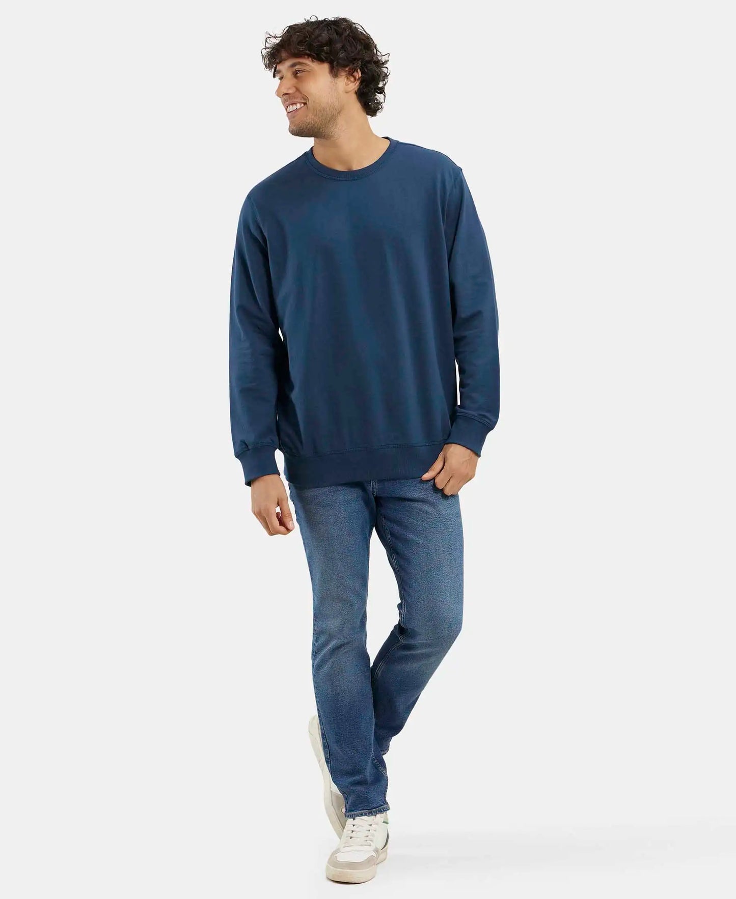 Super Combed Cotton French Terry Solid Sweatshirt with Ribbed Cuffs - Petrol-6