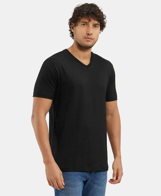 Super Combed Cotton Rich Solid V Neck Half Sleeve T-Shirt  - Black-2