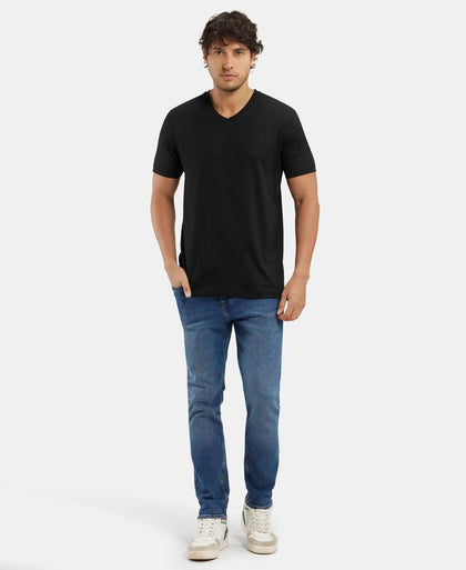 Super Combed Cotton Rich Solid V Neck Half Sleeve T-Shirt  - Black-4