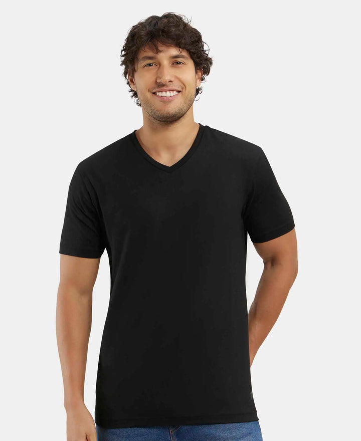 Super Combed Cotton Rich Solid V Neck Half Sleeve T-Shirt  - Black-5