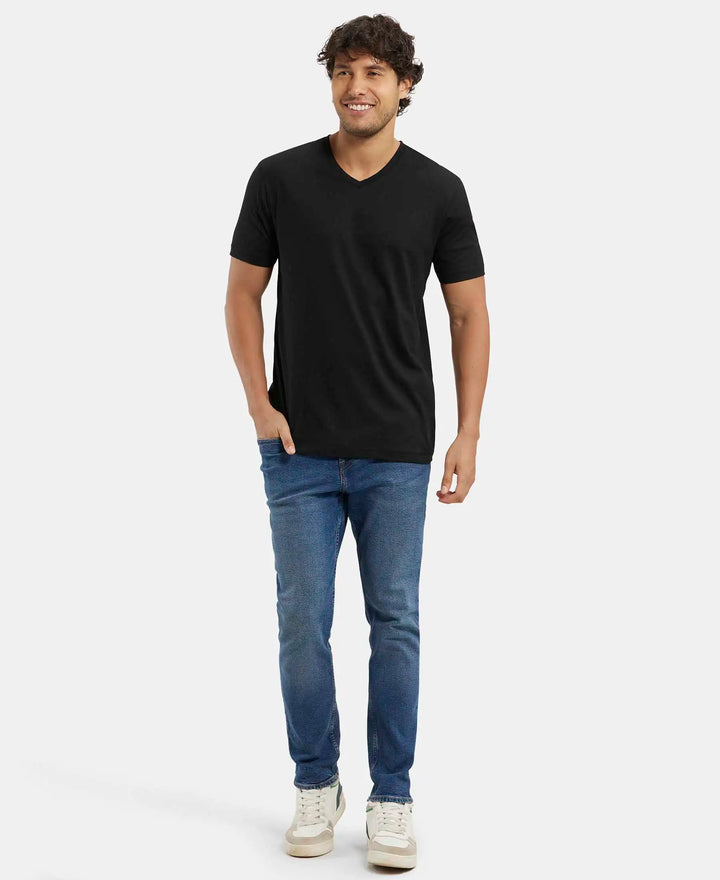 Super Combed Cotton Rich Solid V Neck Half Sleeve T-Shirt  - Black-6