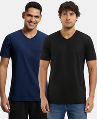 Pack of 2 Super Combed Cotton Rich Solid V Neck Half Sleeve T-Shirt - Black & Navy