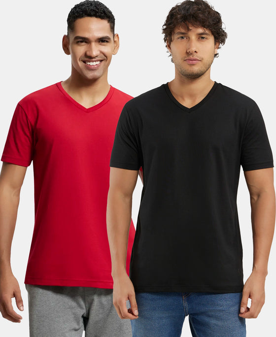 Pack of 2 Super Combed Cotton Rich Solid V Neck Half Sleeve T-Shirt - Black & Shanghai Red