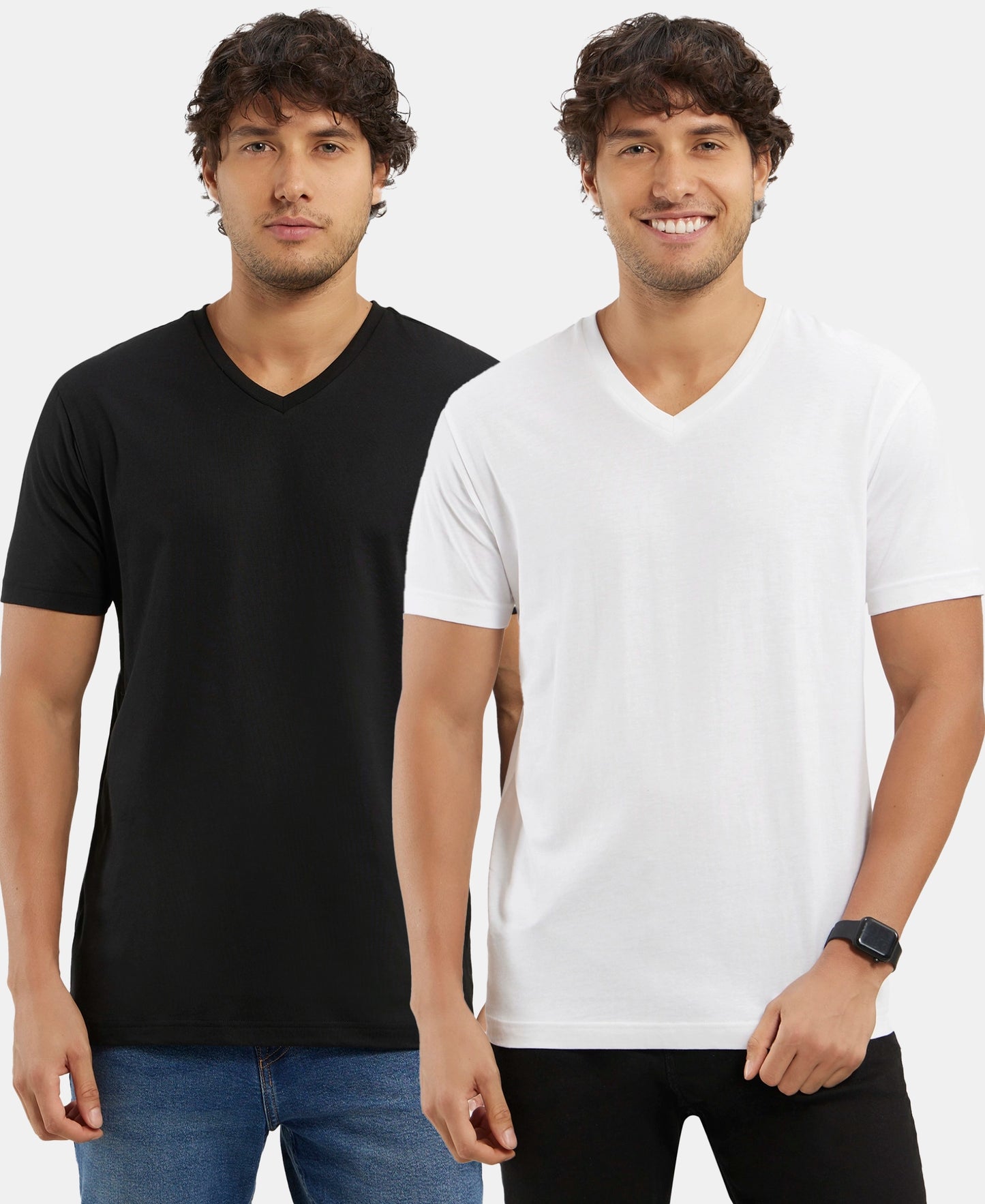 Pack of 2 Super Combed Cotton Rich Solid V Neck Half Sleeve T-Shirt - White & Black