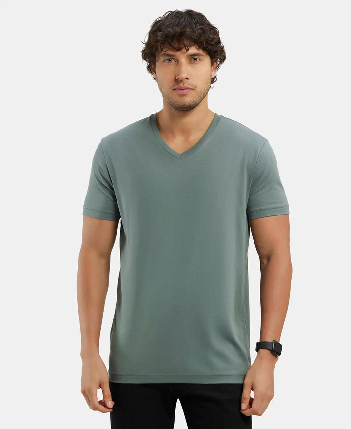 Super Combed Cotton Rich Solid V Neck Half Sleeve T-Shirt  - Balsam Green-1