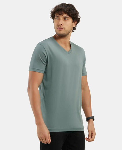 Super Combed Cotton Rich Solid V Neck Half Sleeve T-Shirt  - Balsam Green-2