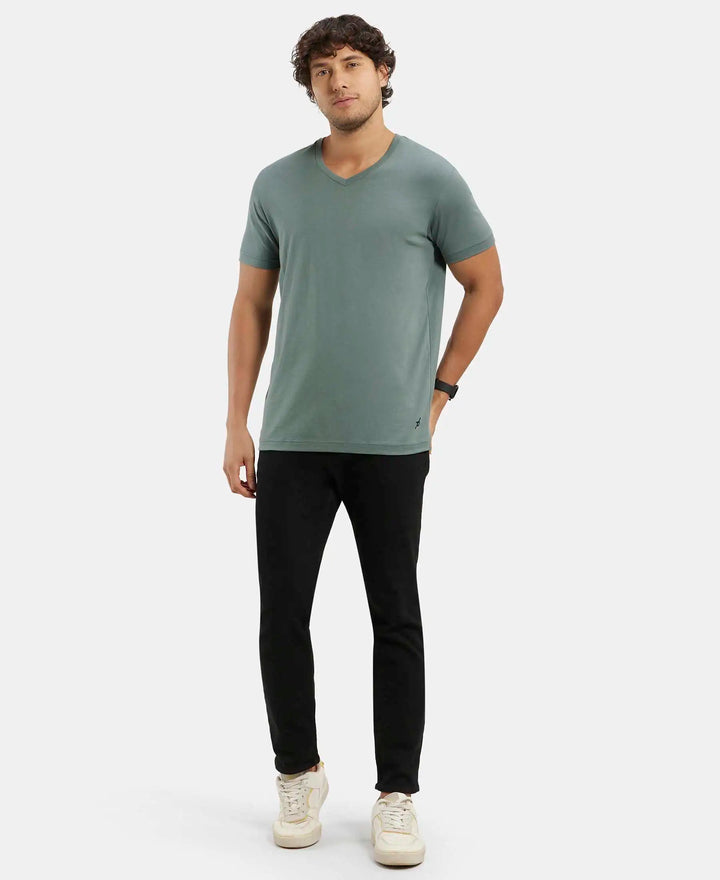 Super Combed Cotton Rich Solid V Neck Half Sleeve T-Shirt  - Balsam Green-4