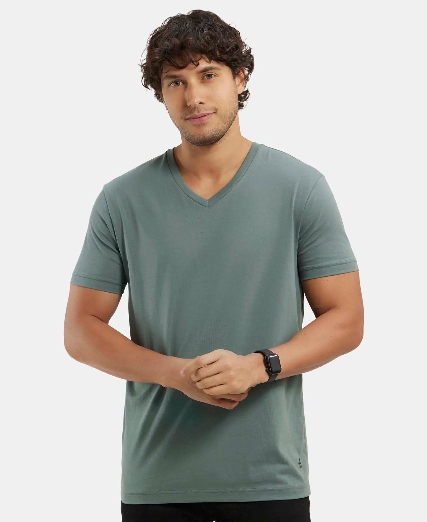 Super Combed Cotton Rich Solid V Neck Half Sleeve T-Shirt  - Balsam Green-5