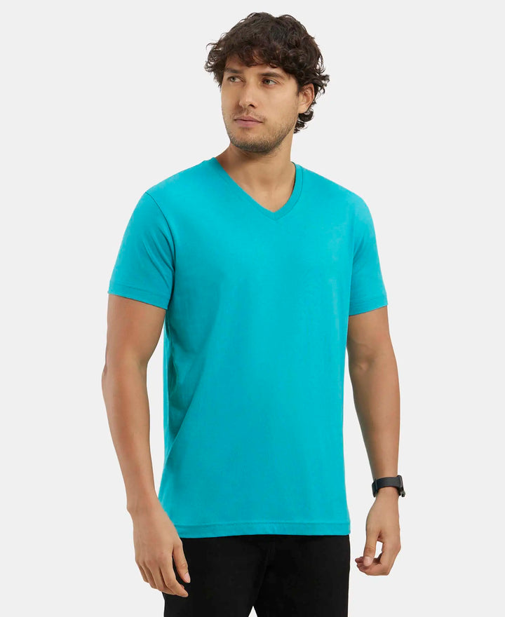 Super Combed Cotton Rich Solid V Neck Half Sleeve T-Shirt  - Deep Atlantis-2