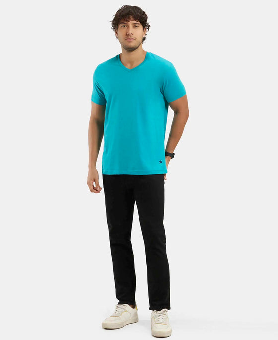 Super Combed Cotton Rich Solid V Neck Half Sleeve T-Shirt  - Deep Atlantis-4