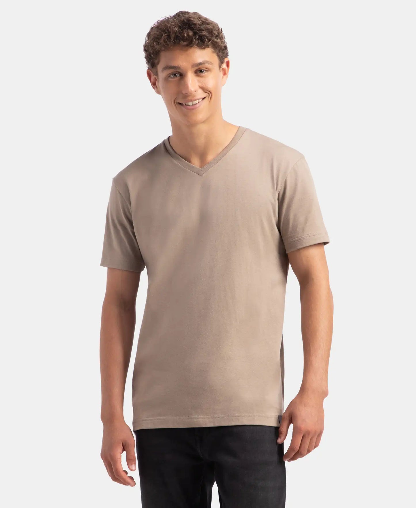 Super Combed Cotton Rich Solid V Neck Half Sleeve T-Shirt - Desert Taupe