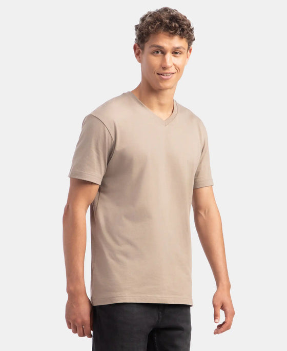 Super Combed Cotton Rich Solid V Neck Half Sleeve T-Shirt - Desert Taupe