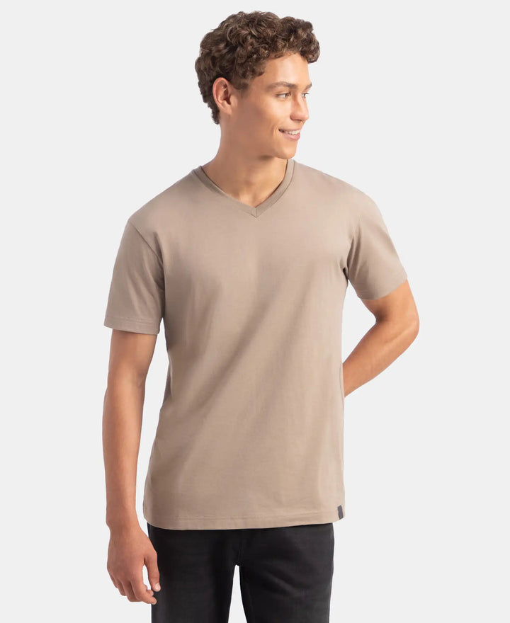 Super Combed Cotton Rich Solid V Neck Half Sleeve T-Shirt - Desert Taupe