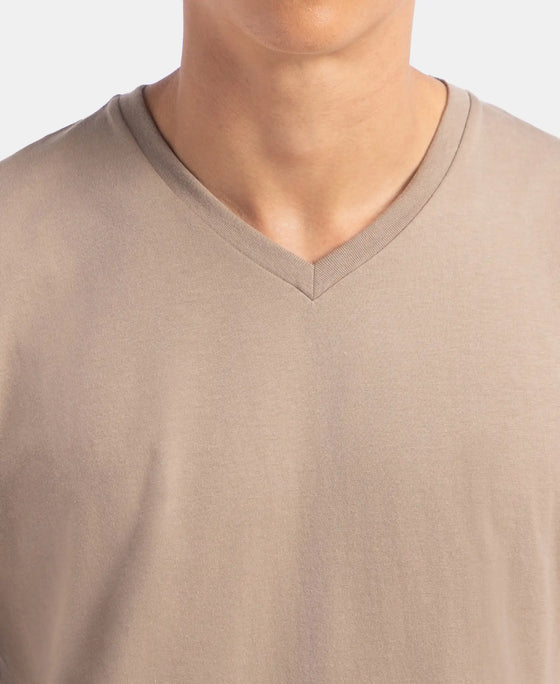 Super Combed Cotton Rich Solid V Neck Half Sleeve T-Shirt - Desert Taupe