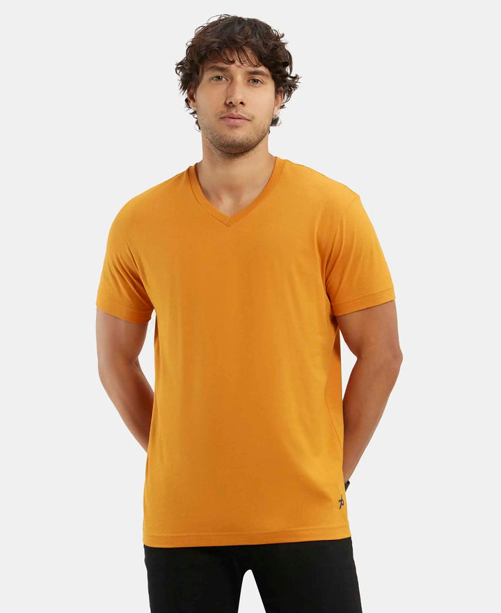 Super Combed Cotton Rich Solid V Neck Half Sleeve T-Shirt  - Desert Sun-1