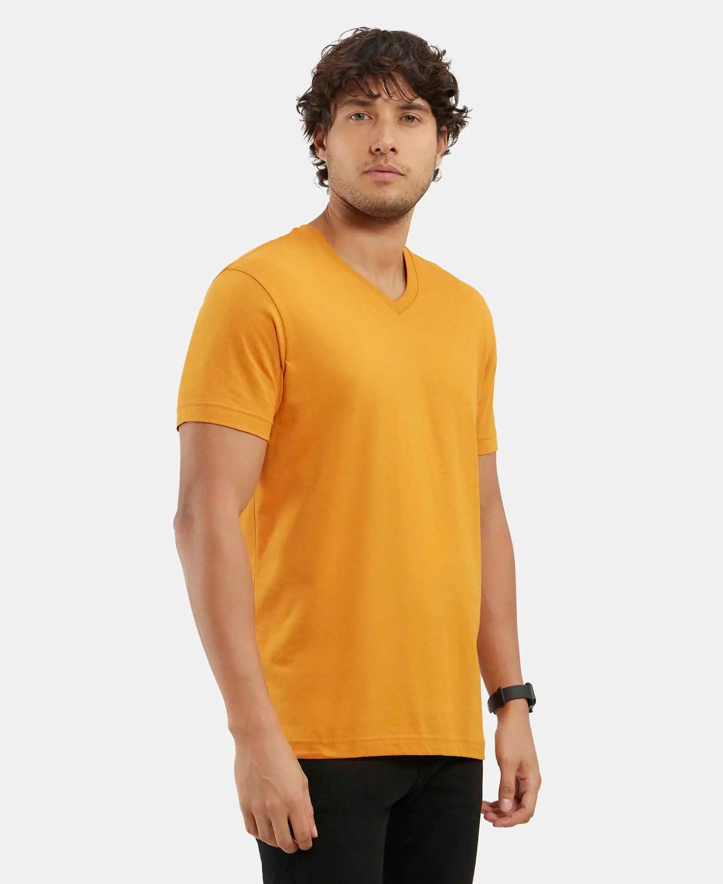 Super Combed Cotton Rich Solid V Neck Half Sleeve T-Shirt  - Desert Sun-2