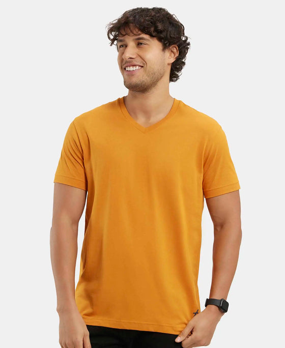 Super Combed Cotton Rich Solid V Neck Half Sleeve T-Shirt  - Desert Sun-5