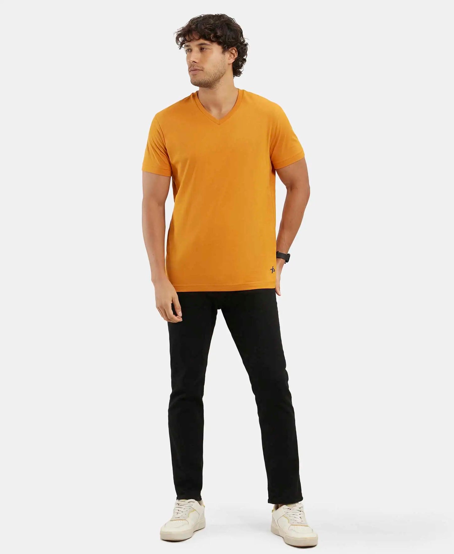 Super Combed Cotton Rich Solid V Neck Half Sleeve T-Shirt  - Desert Sun-6