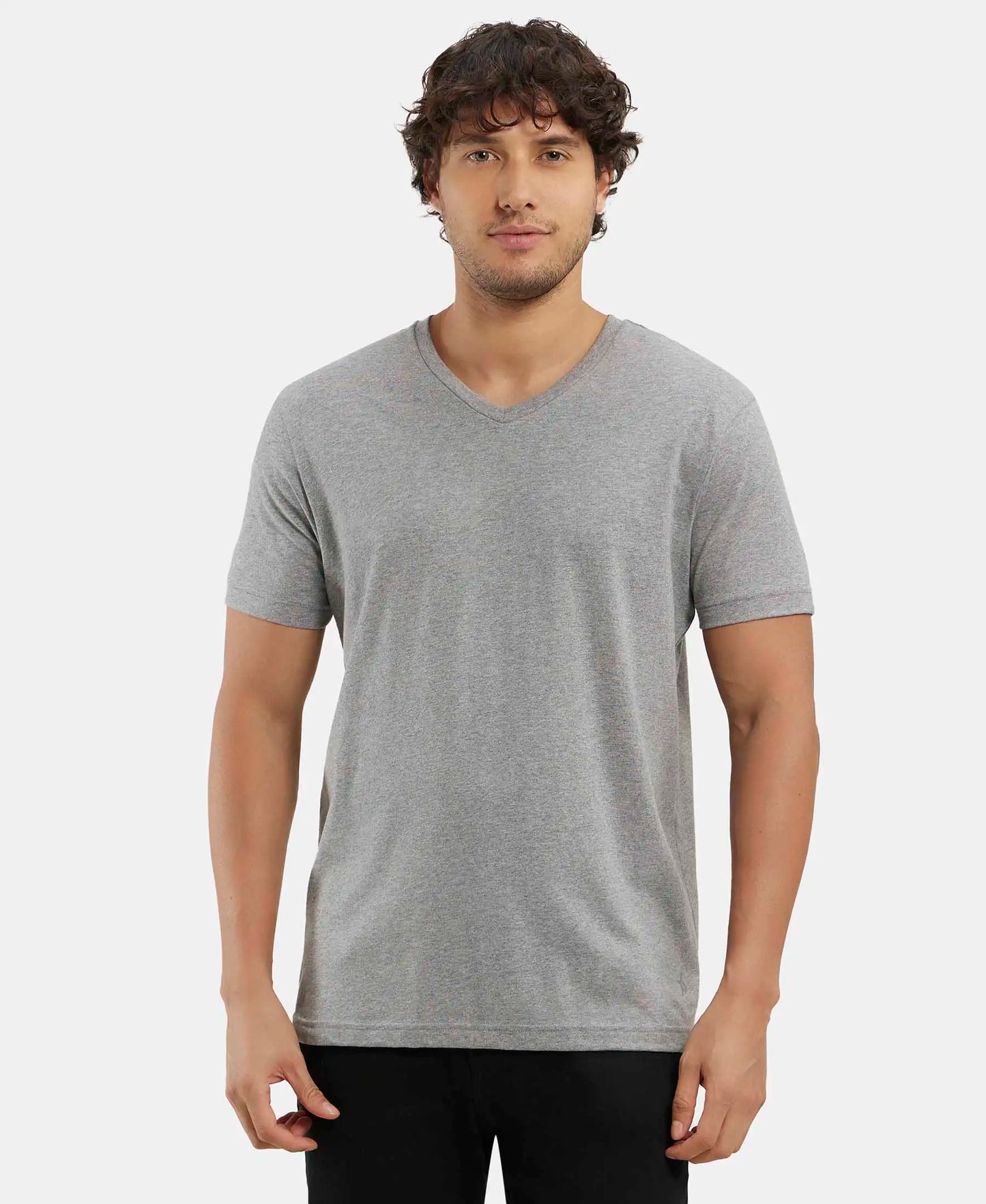 Super Combed Cotton Rich Solid V Neck Half Sleeve T-Shirt  - Grey Melange-1