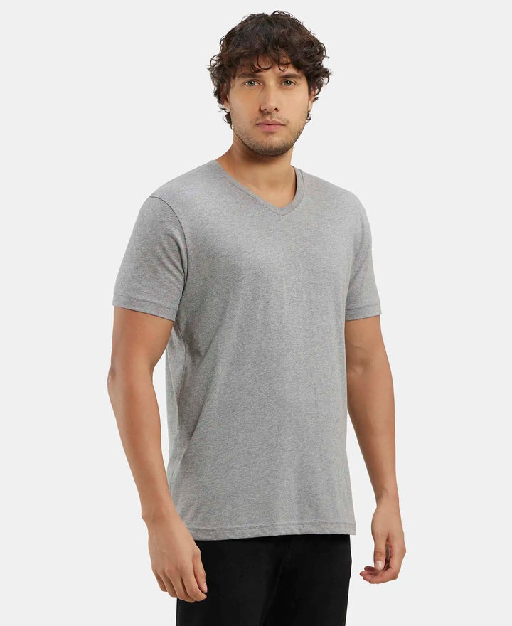 Super Combed Cotton Rich Solid V Neck Half Sleeve T-Shirt  - Grey Melange-2