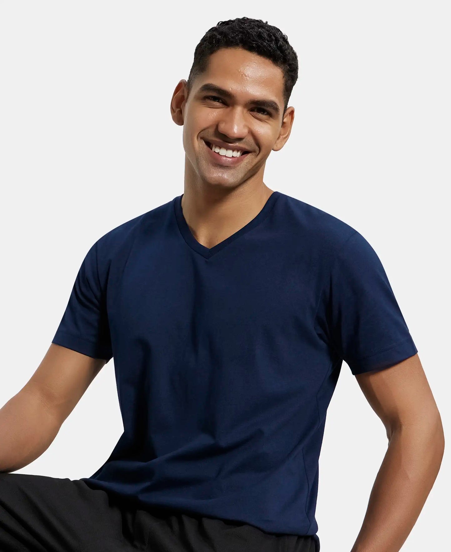 Pack of 2 Super Combed Cotton Rich Solid V Neck Half Sleeve T-Shirt - Black & Navy