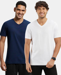 Pack of 2 Super Combed Cotton Rich Solid V Neck Half Sleeve T-Shirt - White & Navy