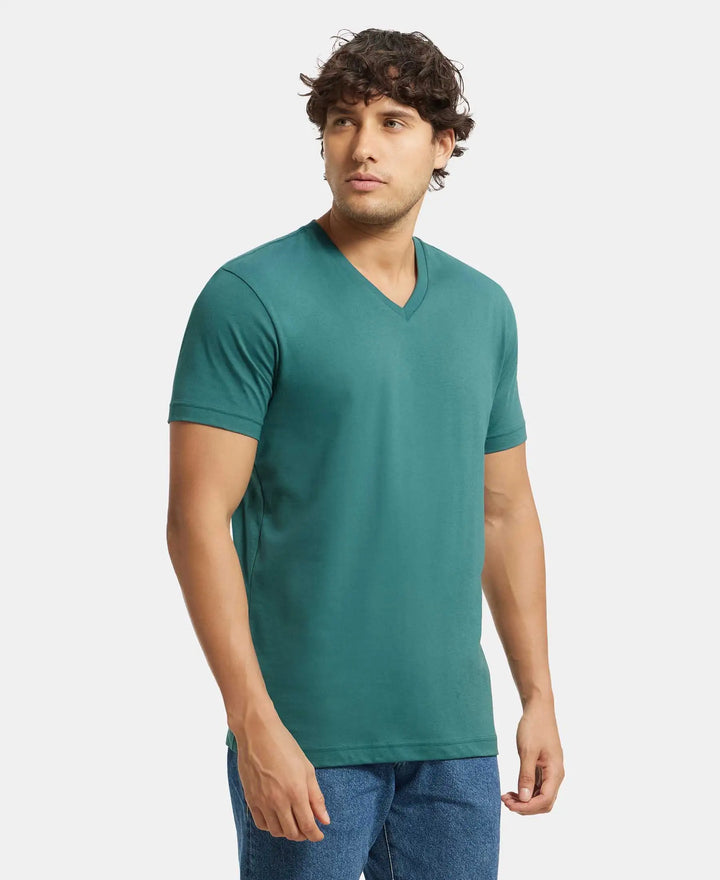 Super Combed Cotton Rich Solid V Neck Half Sleeve T-Shirt  - Pacific Green-2