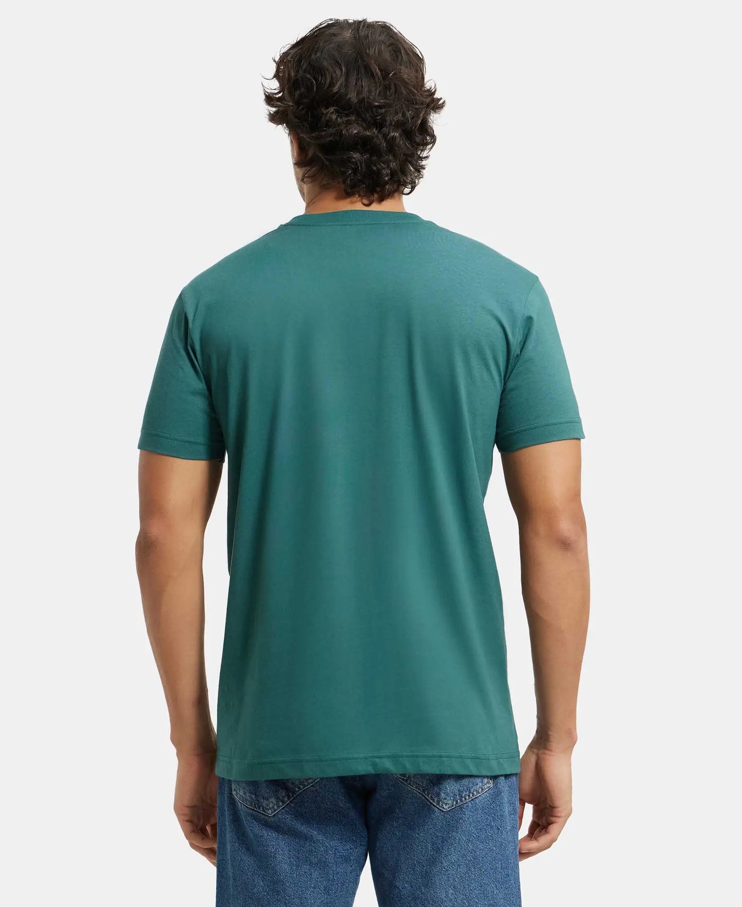 Super Combed Cotton Rich Solid V Neck Half Sleeve T-Shirt  - Pacific Green-3