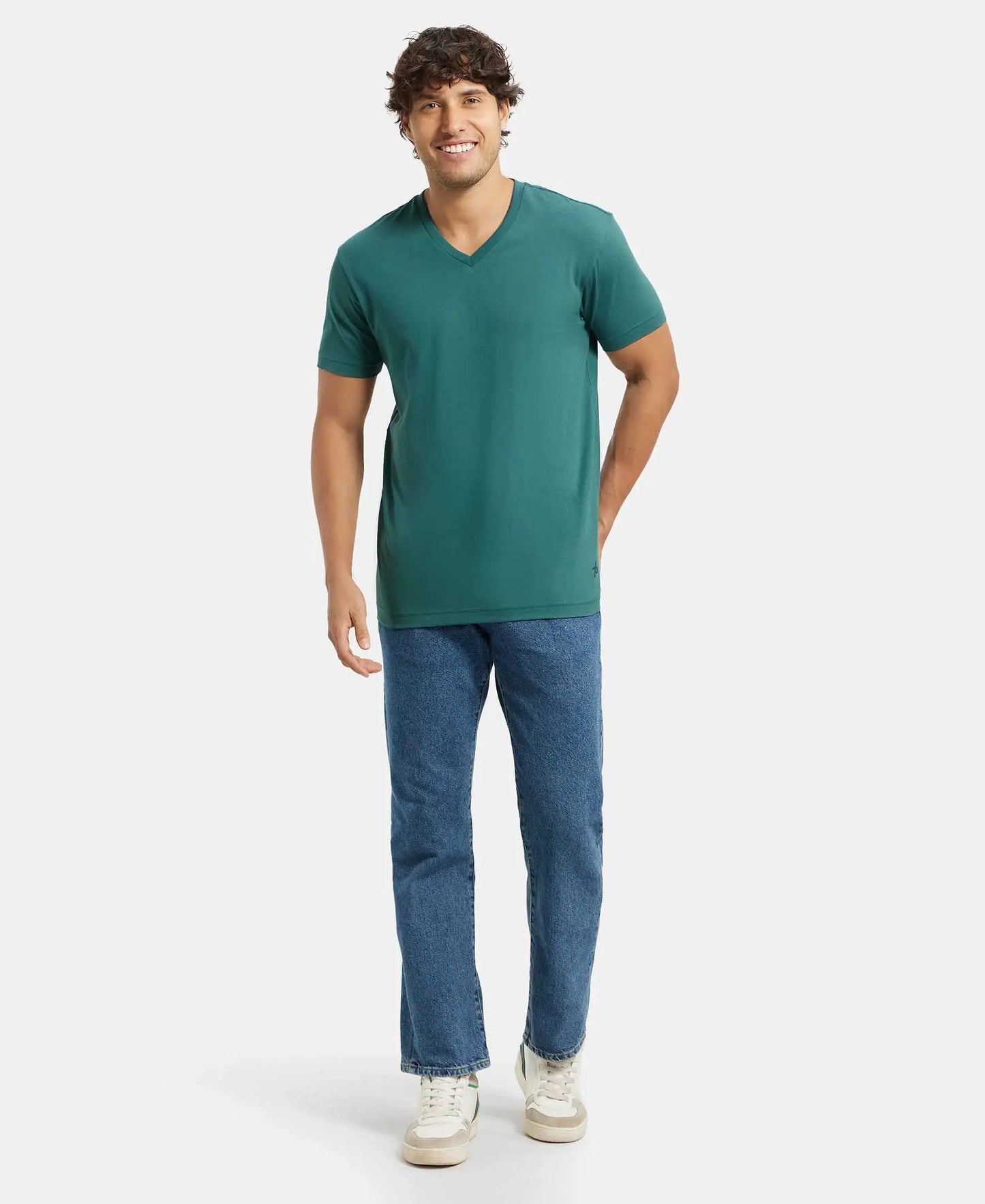 Super Combed Cotton Rich Solid V Neck Half Sleeve T-Shirt  - Pacific Green-4