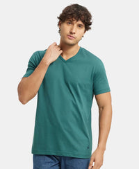 Super Combed Cotton Rich Solid V Neck Half Sleeve T-Shirt  - Pacific Green-5