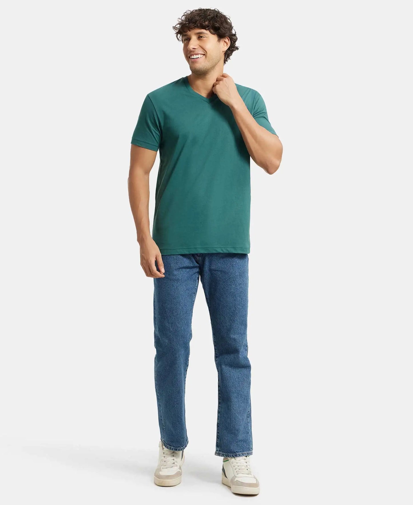 Super Combed Cotton Rich Solid V Neck Half Sleeve T-Shirt  - Pacific Green-6