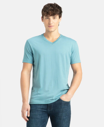 Super Combed Cotton Rich Solid V Neck Half Sleeve T-Shirt - Provincial Blue